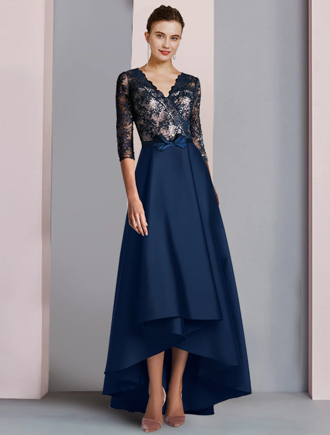 Wholesale  A-Line Mother of the Bride Dress Wedding Guest Elegant High Low V Neck Asymmetrical Tea Length Satin Lace Half Sleeve with Bow(s)